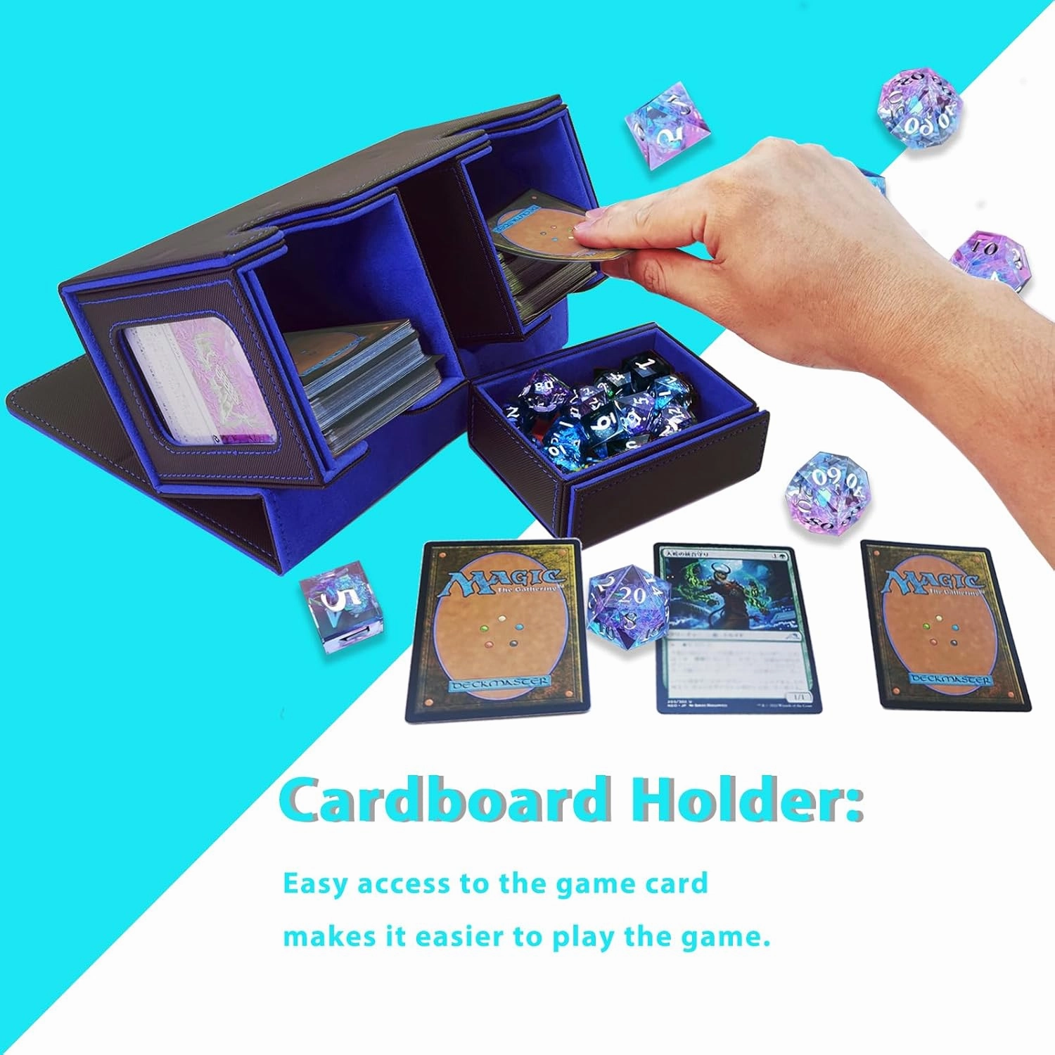 MTG Commander Card Storage Box - Fits 200 Double Sleeved Cards,3-in-1Card Deck Case,Strong Magnet Card Organizer For Magic Commander TCG CCG,4Dividers &2 Toploaders(Black&Blue)