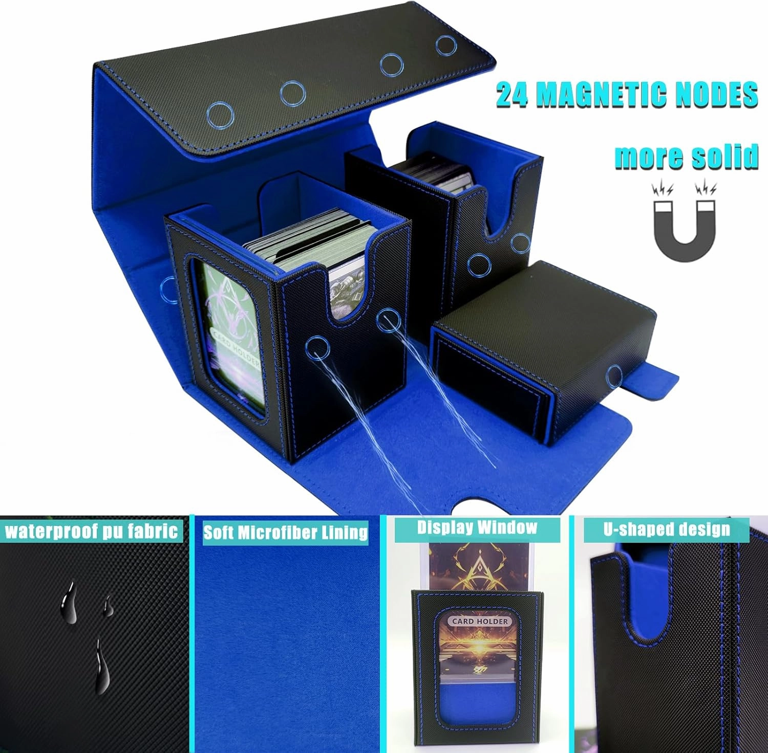 MTG Commander Card Storage Box - Fits 200 Double Sleeved Cards,3-in-1Card Deck Case,Strong Magnet Card Organizer For Magic Commander TCG CCG,4Dividers &2 Toploaders(Black&Blue)