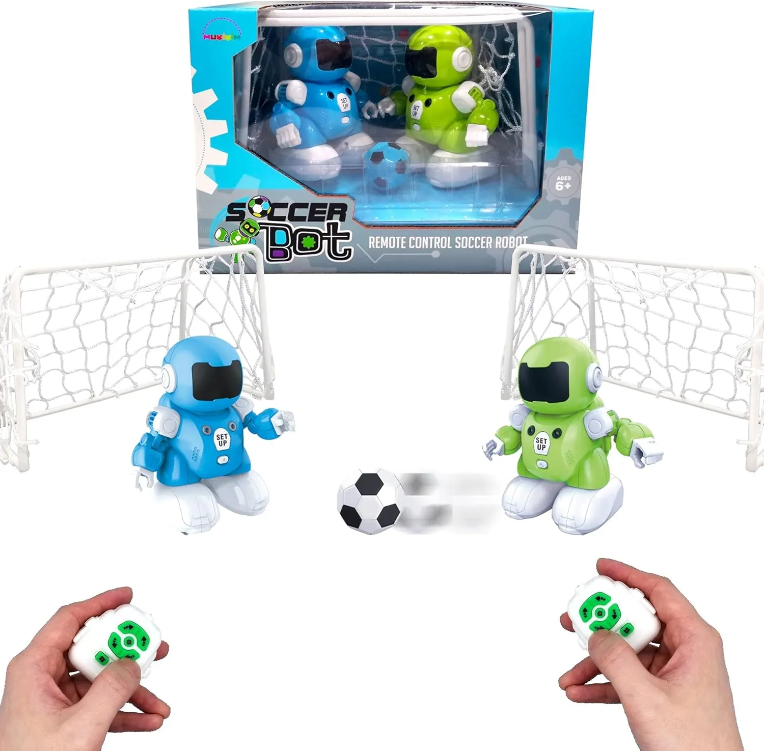MUKIKIM SoccerBot – RC Soccer Robots. 2 Players Remote Control Soccer Game for Kids. Tackle, Dribble & Shoot! Kick The Ball Into The Net & Score! Football Toys for Boys & Girls. USB Rechargeable
