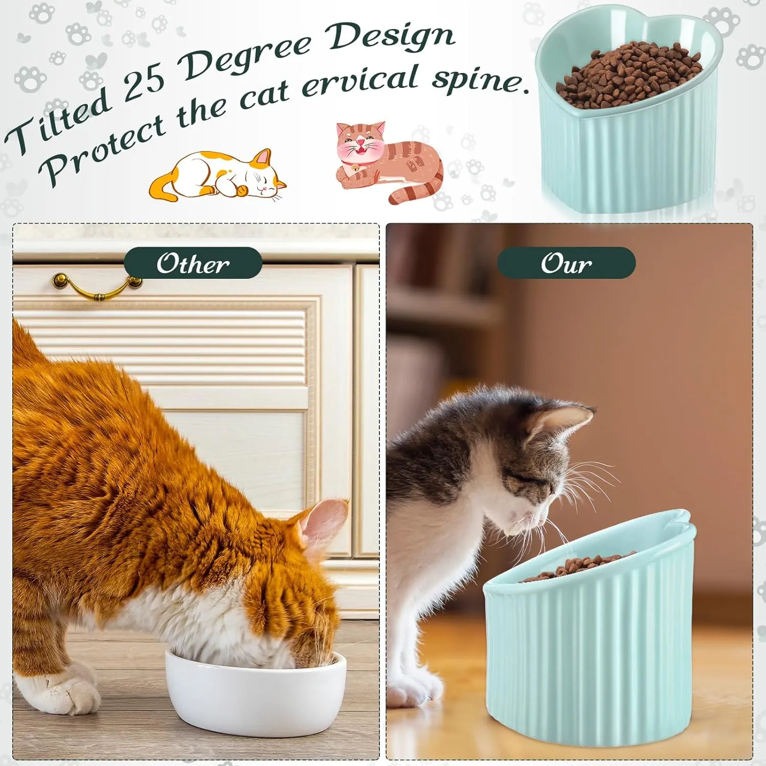 Mumufy 2 Pcs Ceramic Elevated Cat Bowls Tilted Elevated Raised Pet Bowls Anti Vomit Cat Dish for Indoor Stress Free Water Dish Feeder for Puppies, Heart Shaped(Macaron Blue, Peacock Green)