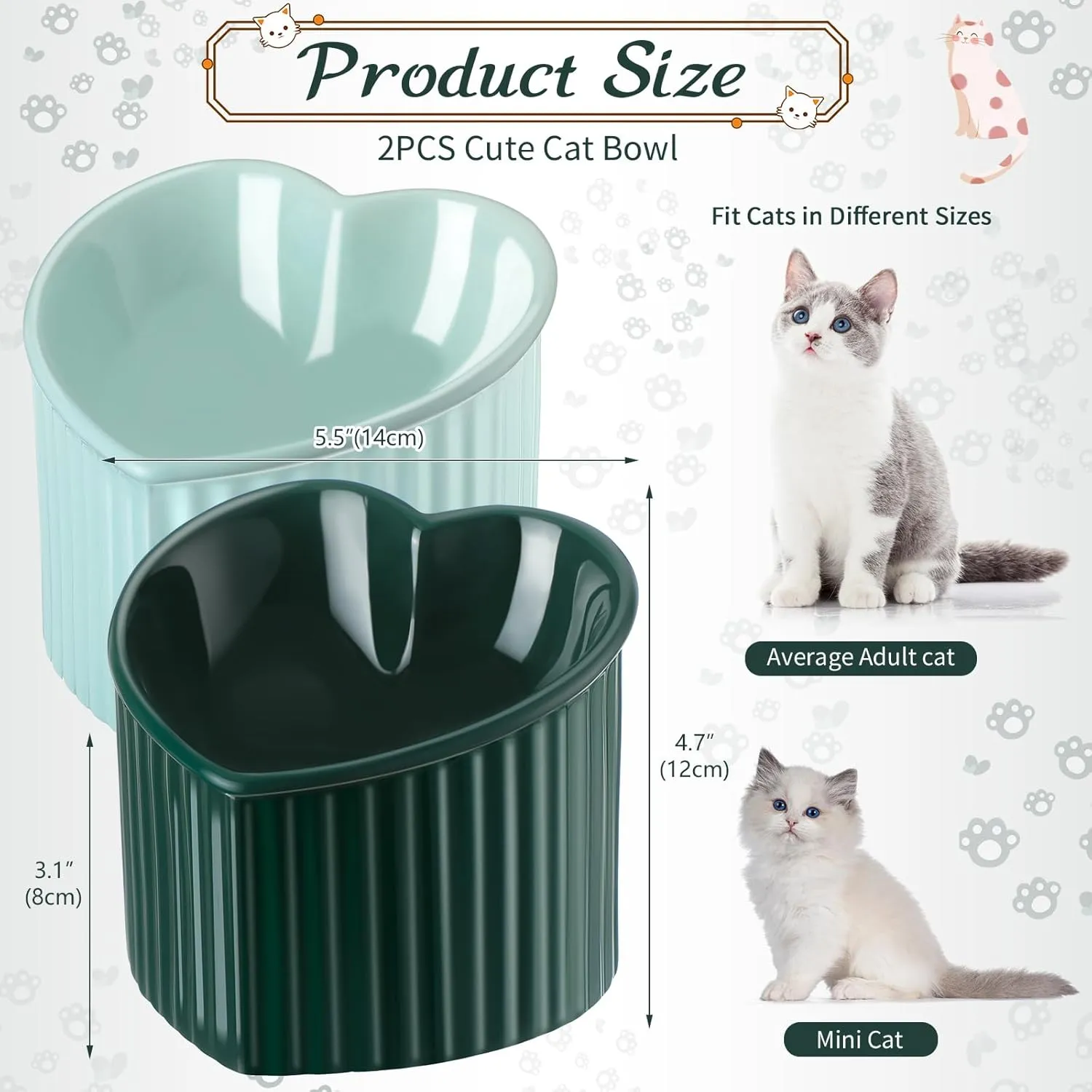 Mumufy 2 Pcs Ceramic Elevated Cat Bowls Tilted Elevated Raised Pet Bowls Anti Vomit Cat Dish for Indoor Stress Free Water Dish Feeder for Puppies, Heart Shaped(Macaron Blue, Peacock Green)