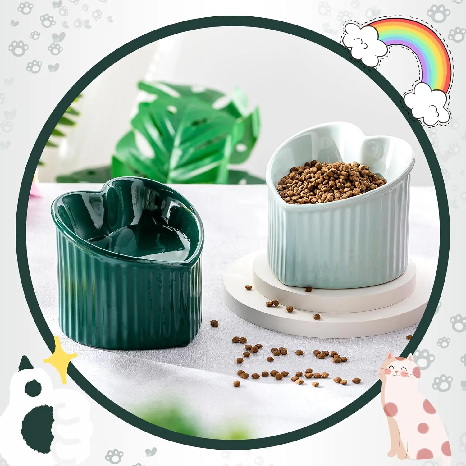 Mumufy 2 Pcs Ceramic Elevated Cat Bowls Tilted Elevated Raised Pet Bowls Anti Vomit Cat Dish for Indoor Stress Free Water Dish Feeder for Puppies, Heart Shaped(Macaron Blue, Peacock Green)