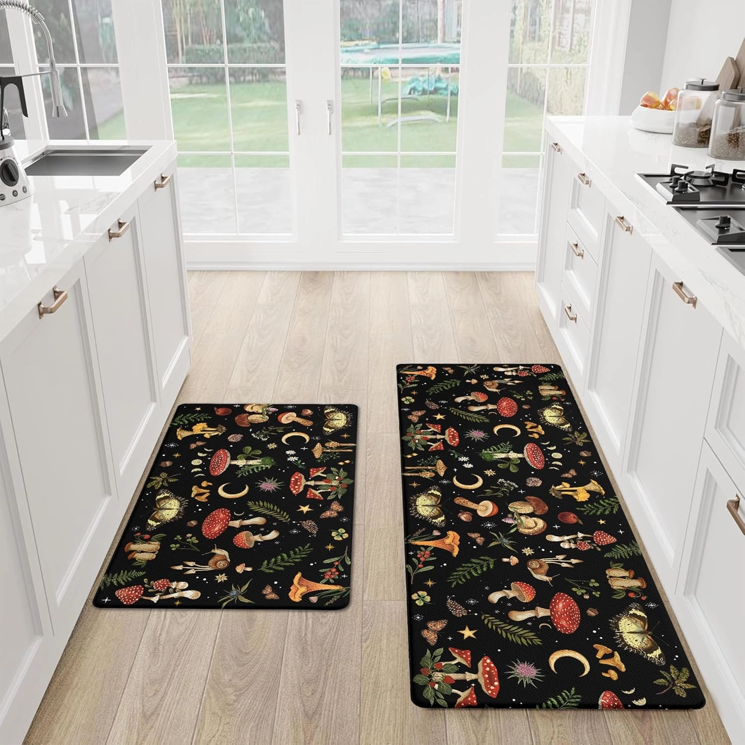Mushroom Rug Kitchen Mats for Floor Cushioned Anti Fatigue Kitchen Rugs Sets of 2, Non Slip Waterproof Black Kitchen Floor Mat, Comfort Memory Foam Standing Mat for Office Laundry Sink Desk