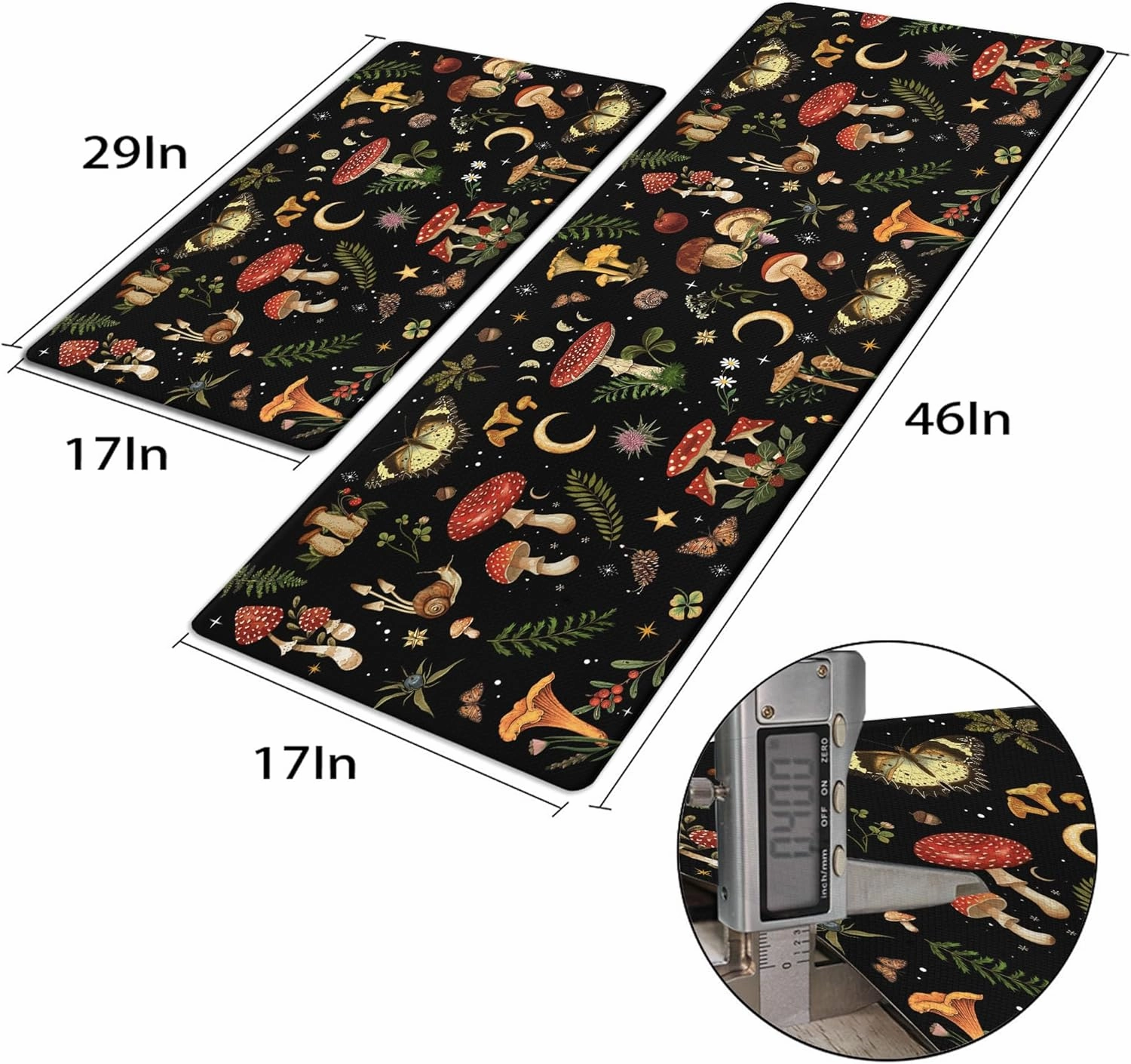 Mushroom Rug Kitchen Mats for Floor Cushioned Anti Fatigue Kitchen Rugs Sets of 2, Non Slip Waterproof Black Kitchen Floor Mat, Comfort Memory Foam Standing Mat for Office Laundry Sink Desk