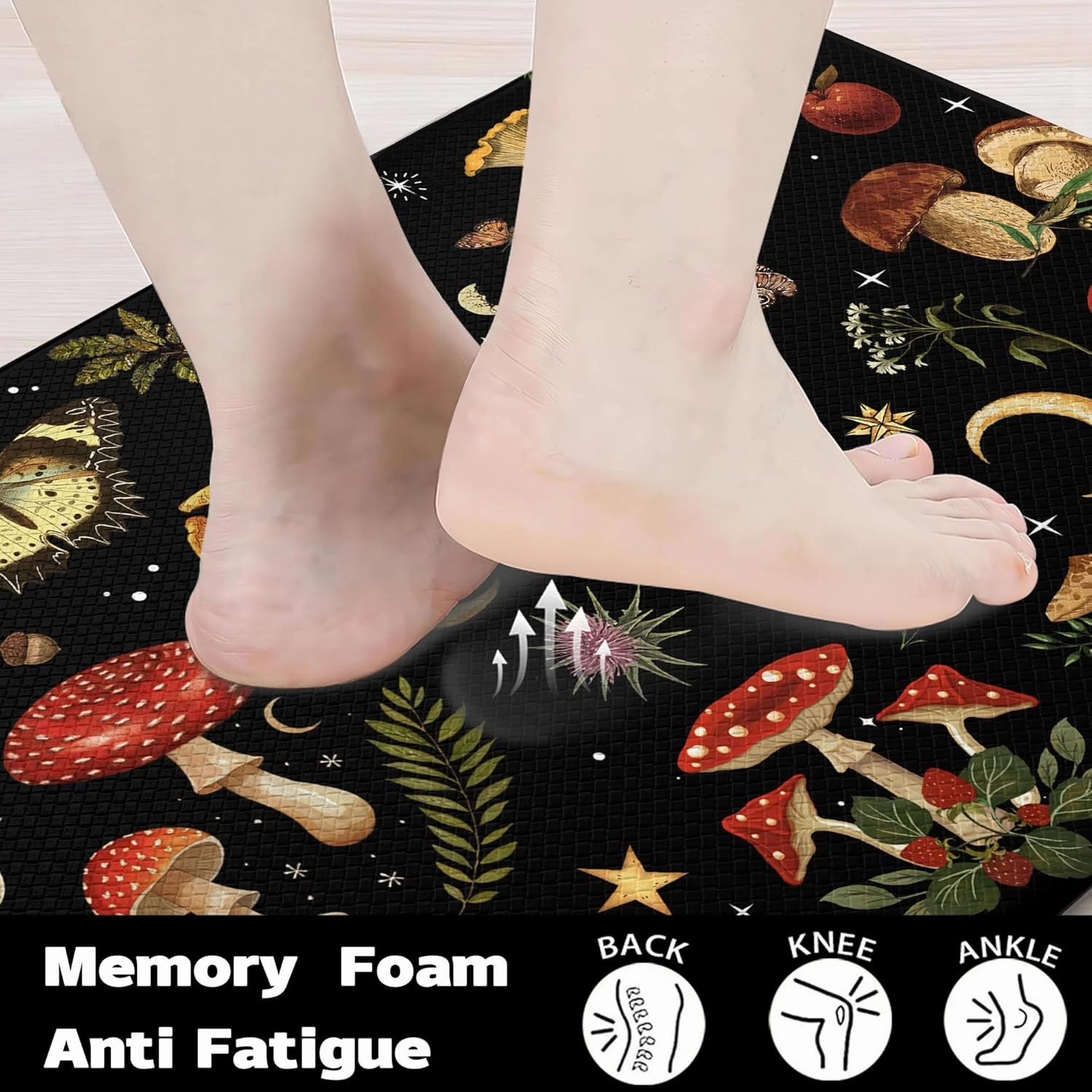 Mushroom Rug Kitchen Mats for Floor Cushioned Anti Fatigue Kitchen Rugs Sets of 2, Non Slip Waterproof Black Kitchen Floor Mat, Comfort Memory Foam Standing Mat for Office Laundry Sink Desk