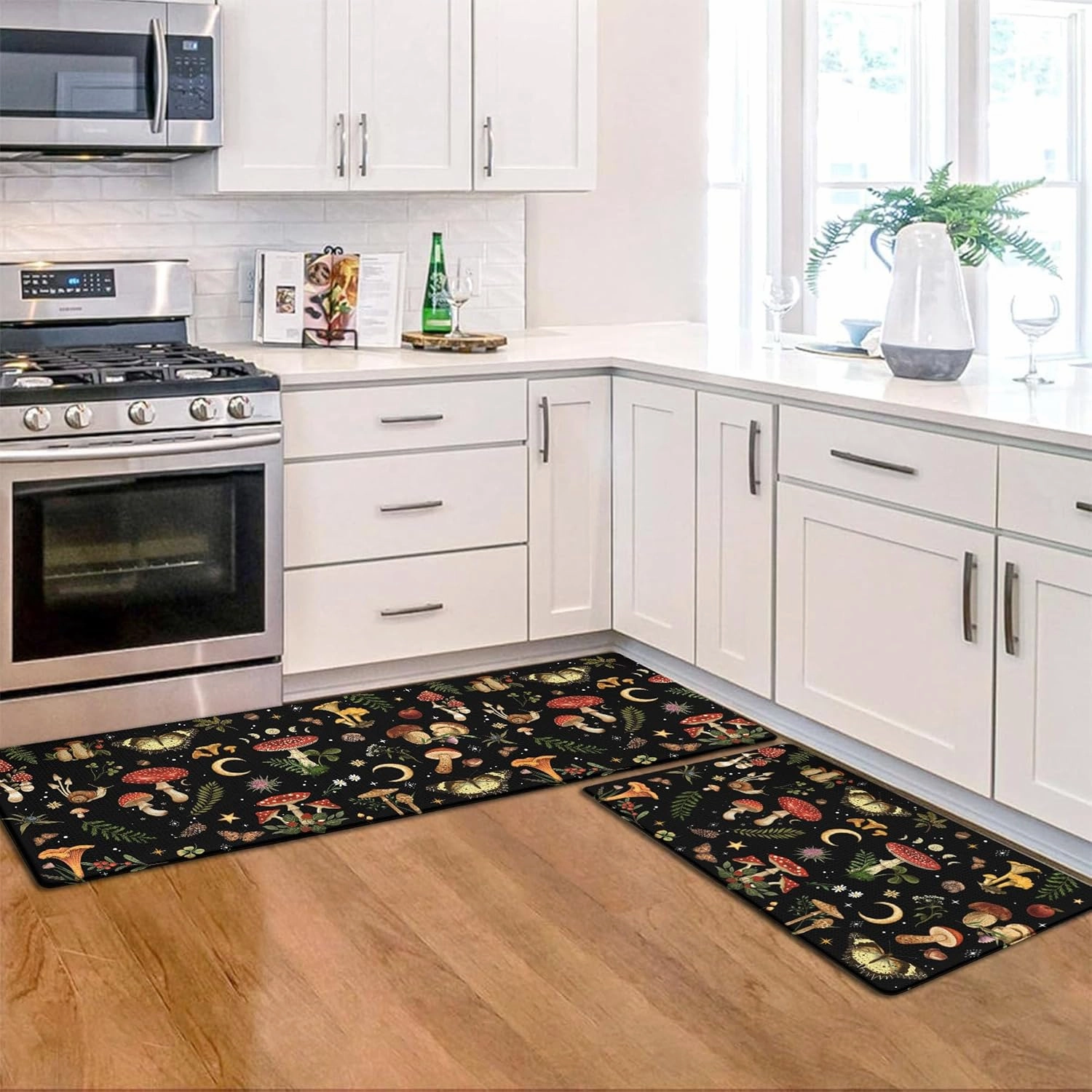 Mushroom Rug Kitchen Mats for Floor Cushioned Anti Fatigue Kitchen Rugs Sets of 2, Non Slip Waterproof Black Kitchen Floor Mat, Comfort Memory Foam Standing Mat for Office Laundry Sink Desk