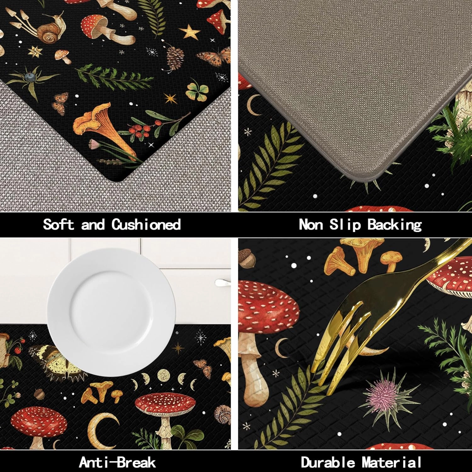 Mushroom Rug Kitchen Mats for Floor Cushioned Anti Fatigue Kitchen Rugs Sets of 2, Non Slip Waterproof Black Kitchen Floor Mat, Comfort Memory Foam Standing Mat for Office Laundry Sink Desk