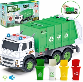 MÖBIUS Toys Garbage Truck Friction-Powered – 1:12 Scale Large Size Truck w/Sounds, Lights, Loader, 4 Trash Cans for Learning Waste Management Recycling Toy for Toddlers, Boys, Girls 3 4 5 Years Old