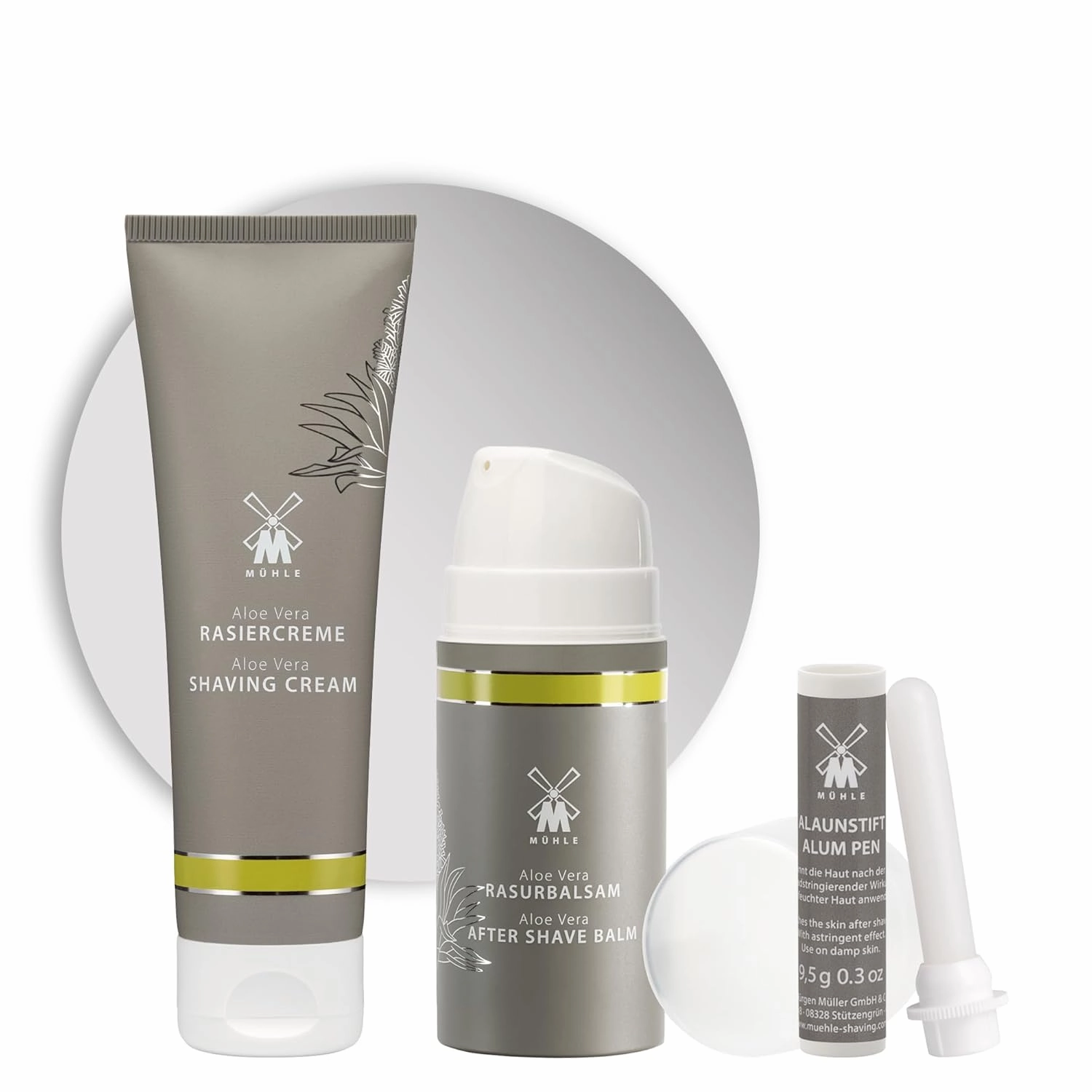 MÜHLE Shaving Essentials Bundle - Includes All Natural Alum Stone Styptic Pencil, Aloe Vera Aftershave Balm (100ml), and Aloe Vera Shaving Cream (75ml) | Luxury S