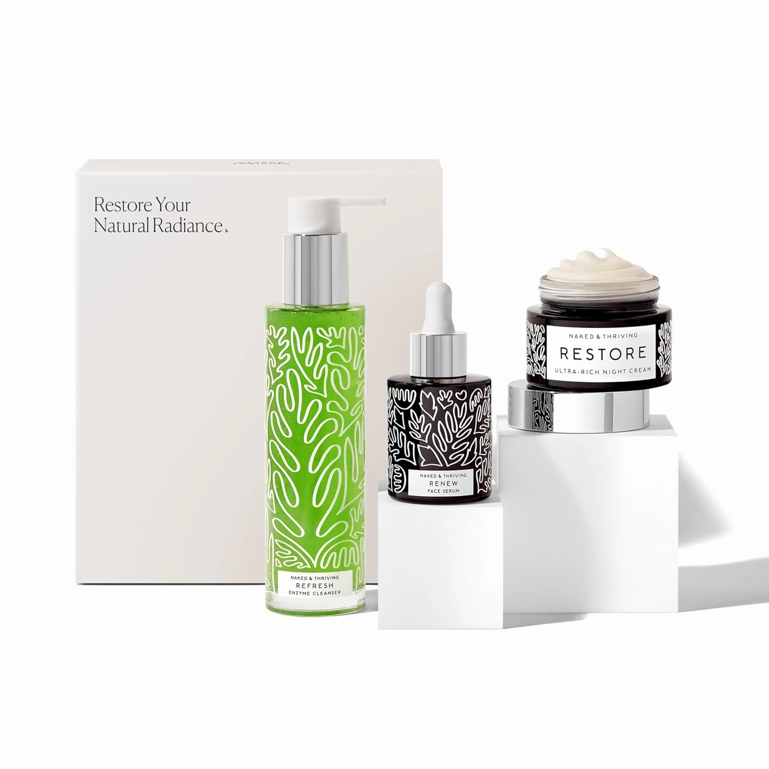 Naked & Thriving The Advanced Renewal Routine | Restore Ultra-Rich Night Cream (50g)   Refresh Gentle Enzyme Cleanser (120ml)   Renew Resurfacing Night Serum (30ml) (Set of 3)