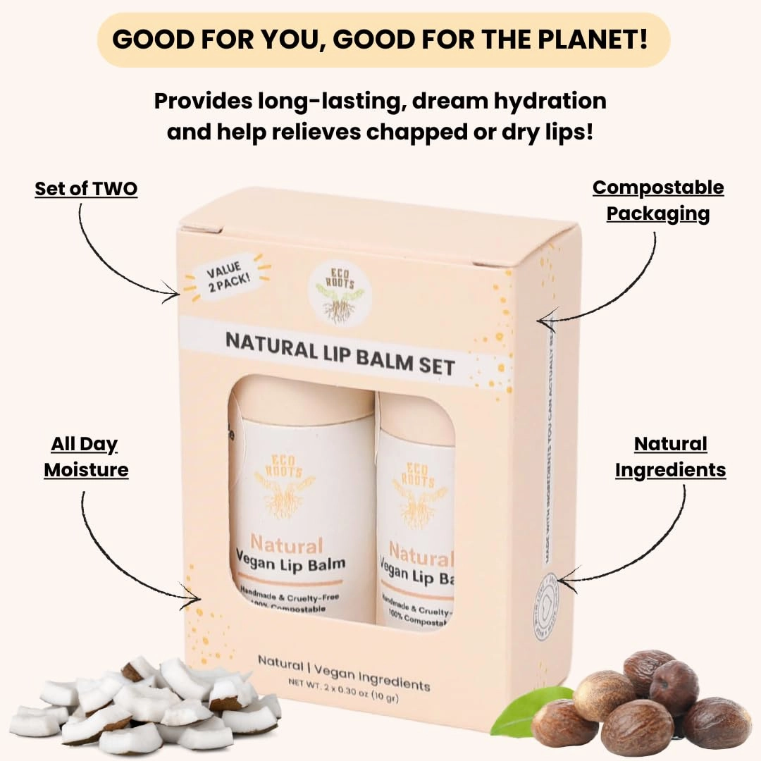 Natural Lip Balm 2 Pack - Organic Chapstick, Vegan Lip Moisturizer Set - Cruelty-Free and Eco-Friendly - Plastic-Free with Compostable Packaging - Artfully Crafted in the USA
