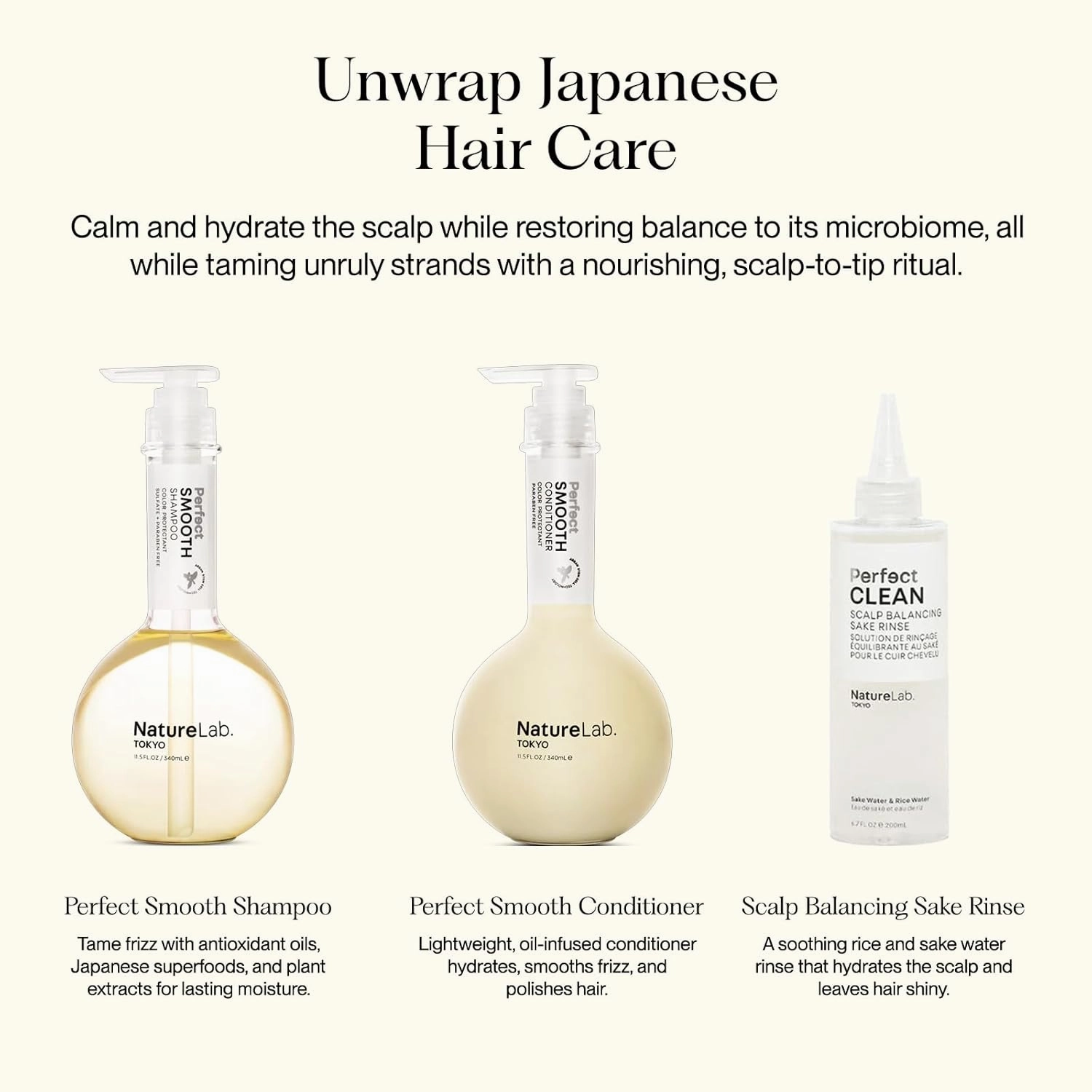 NATURELAB. TOKYO Frizz-Free Hydration Limited Edition Set: Includes Smooth Shampoo, Conditioner & Scalp Sake Rinse – Hydrates & Tames Frizz, Balances Scalp Microbiome, Includes Furoshiki Wrap