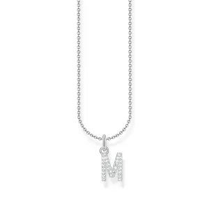 Necklace with letter pendant M and white zirconia - silver