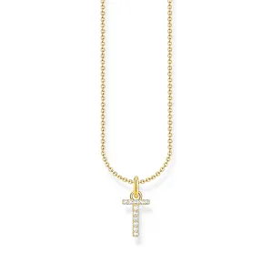 Necklace with letter pendant T and white zirconia - gold
