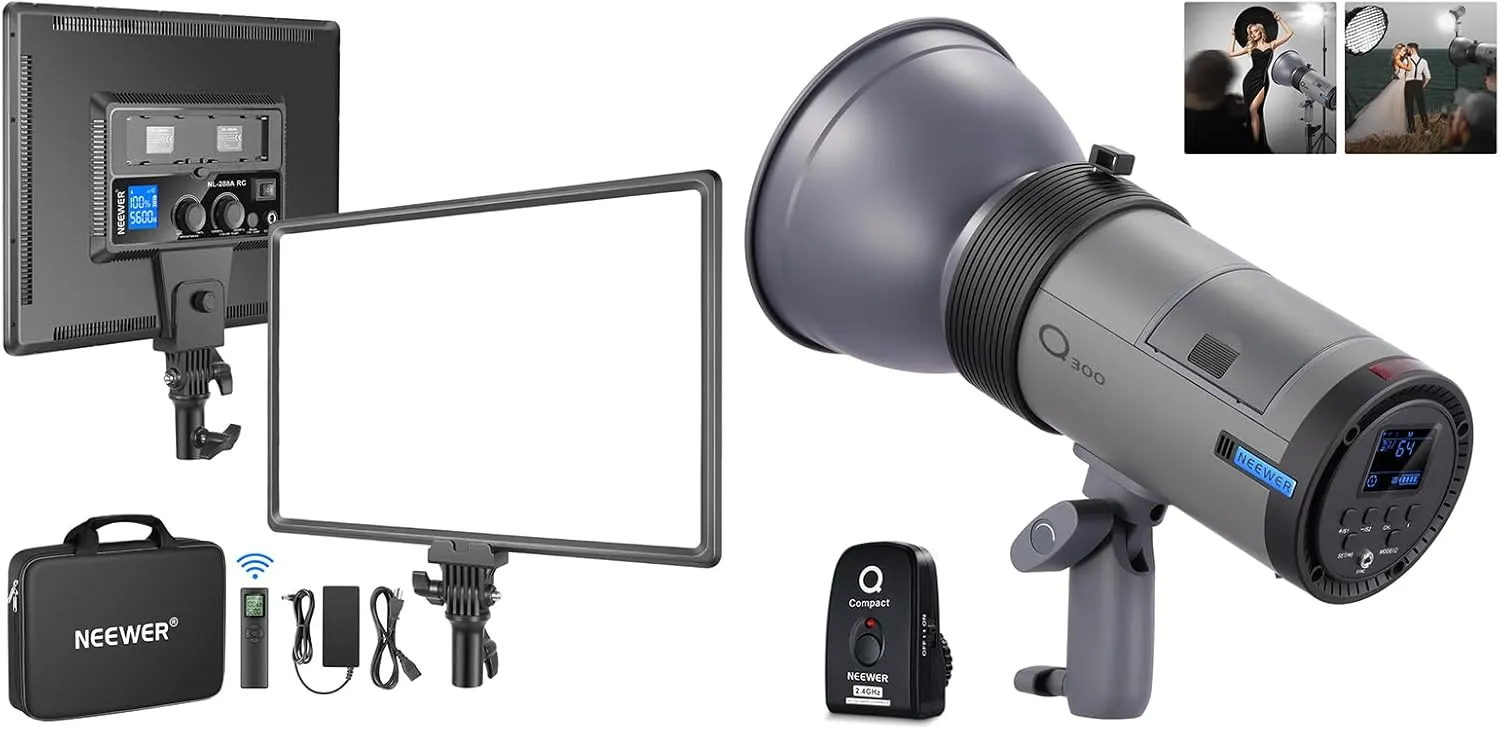 NEEWER NL288 LED Video Light with 2.4G Remote, 45W 4800Lux 3200K-5600K CRI 97  Dimmable Bi-Color and Q300 300Ws 2.4G Outdoor Studio Flash Kit for YouTube Webex Photography Live Stream Game Zoom Meetin