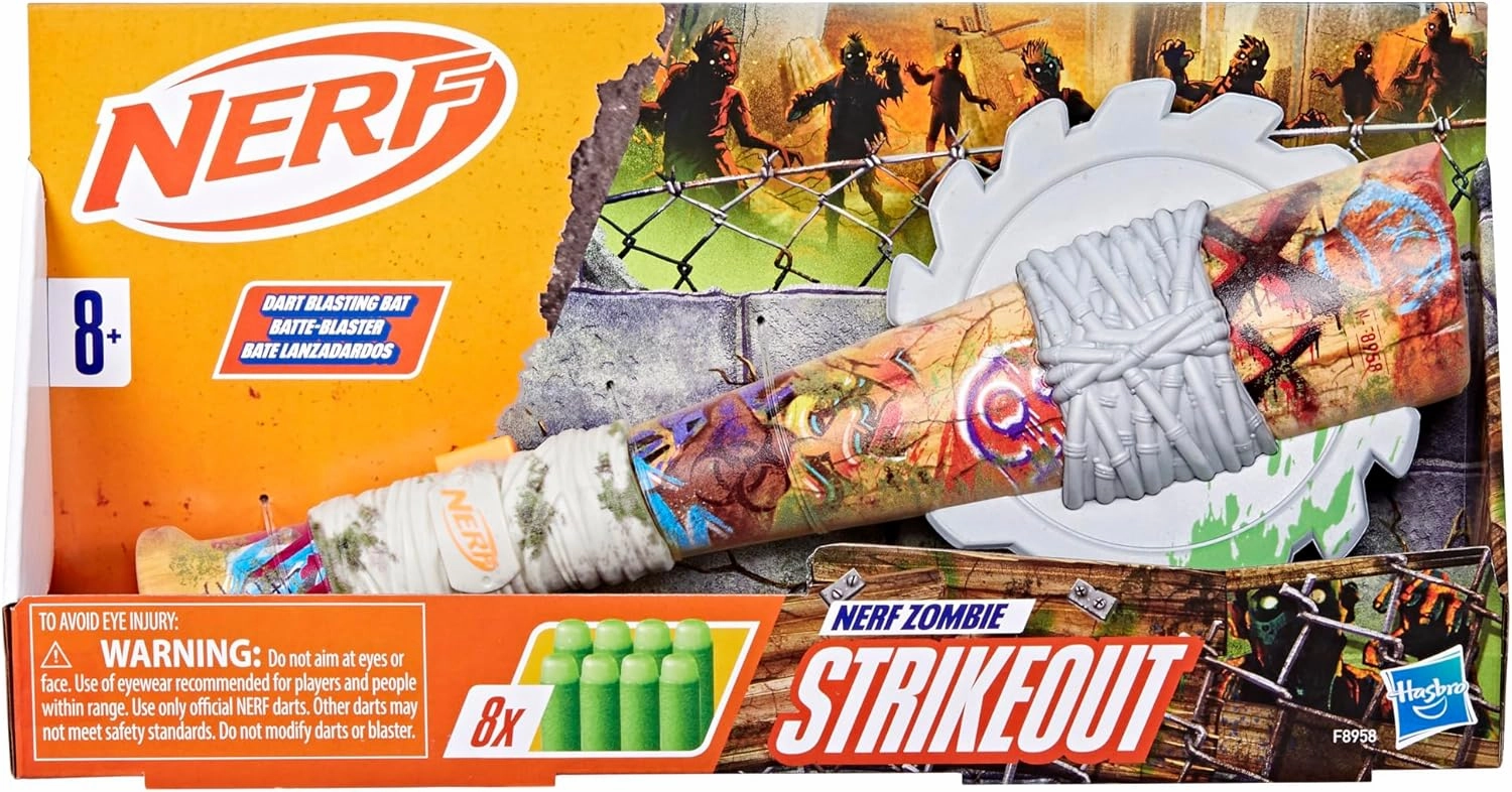 Nerf Zombie Strikeout Dart Blaster, 8 Nerf Elite Darts, Foam Blade, Pull Back Priming, Outdoor Games, Ages 8  (Amazon Exclusive)
