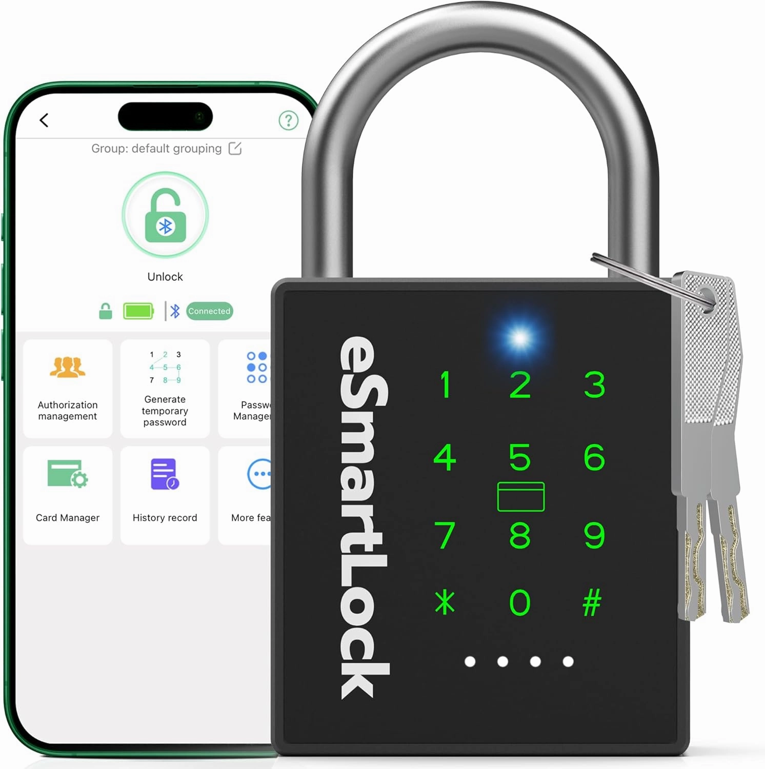 New Smart Padlock with Key, Heavy Duty Combination Padlock, RFID Pad Lock with Codes Bluetooth APP Access, Outdoor Waterproof Electronic Key Lock for Gate Fence Shed Locker Garage Garden