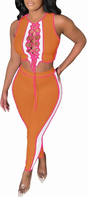 Neyaolk Women Lace Up Sweatsuit Outfits - Sexy Tank Crop Top Bodycon Color Block Ribbed Pants Suit Workout Set Clubwear