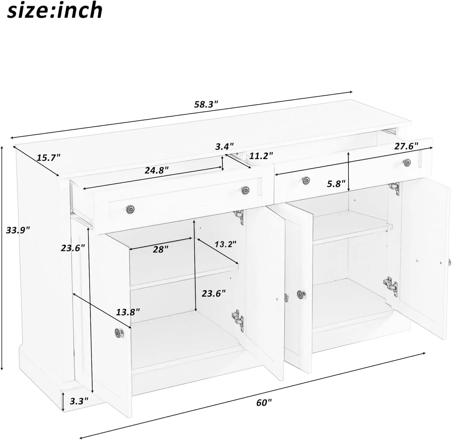 NicBex 58.3" Accent Storage Cabinet with 2 Drawers & 4 Doors Adjustable Shelves Free Standing Modern Kitchen Sideboard Storage Buffet Cabinet for Living Room, Kitchen, Office,Hallway,Antique White