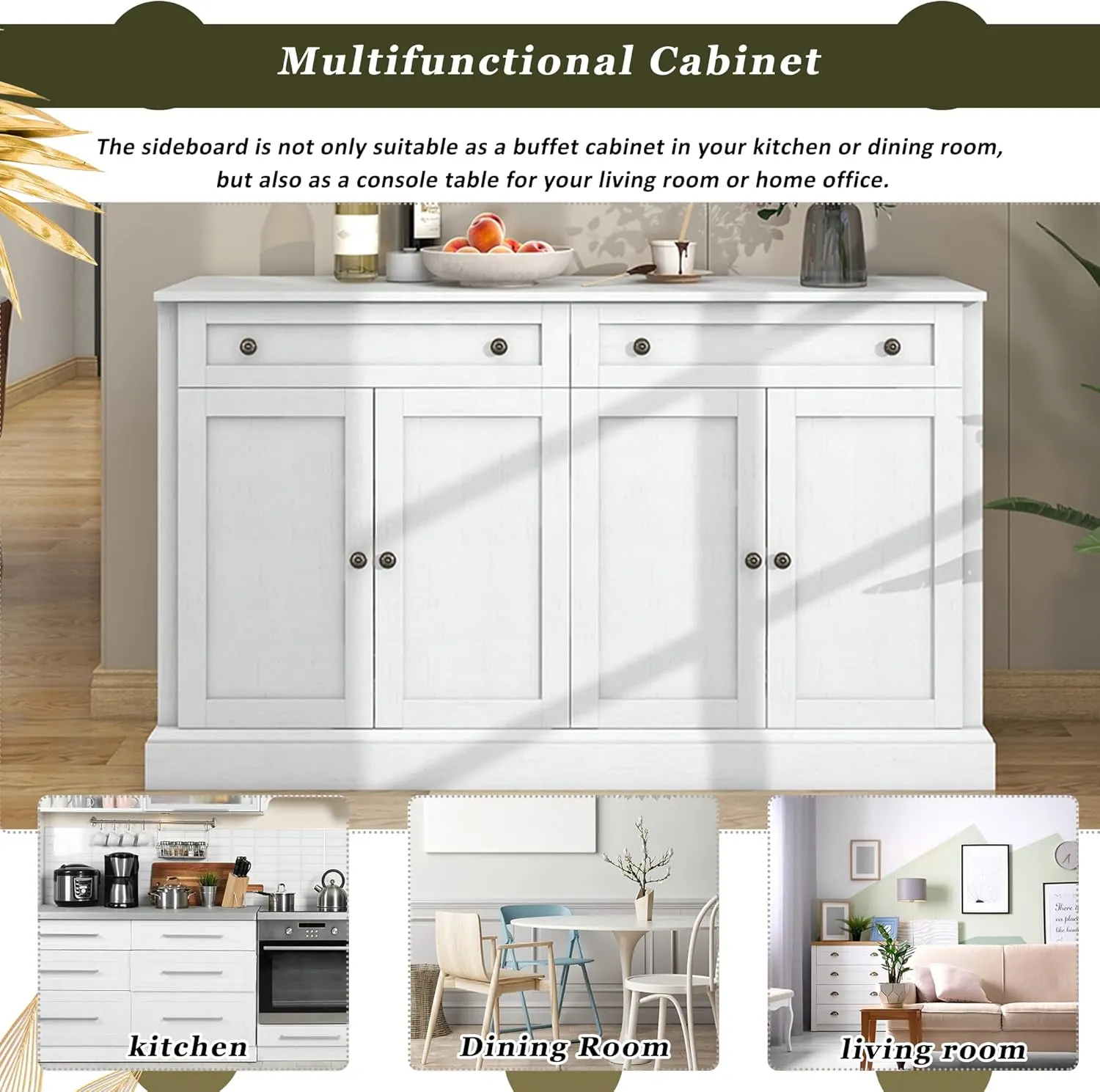 NicBex 58.3" Accent Storage Cabinet with 2 Drawers & 4 Doors Adjustable Shelves Free Standing Modern Kitchen Sideboard Storage Buffet Cabinet for Living Room, Kitchen, Office,Hallway,Antique White