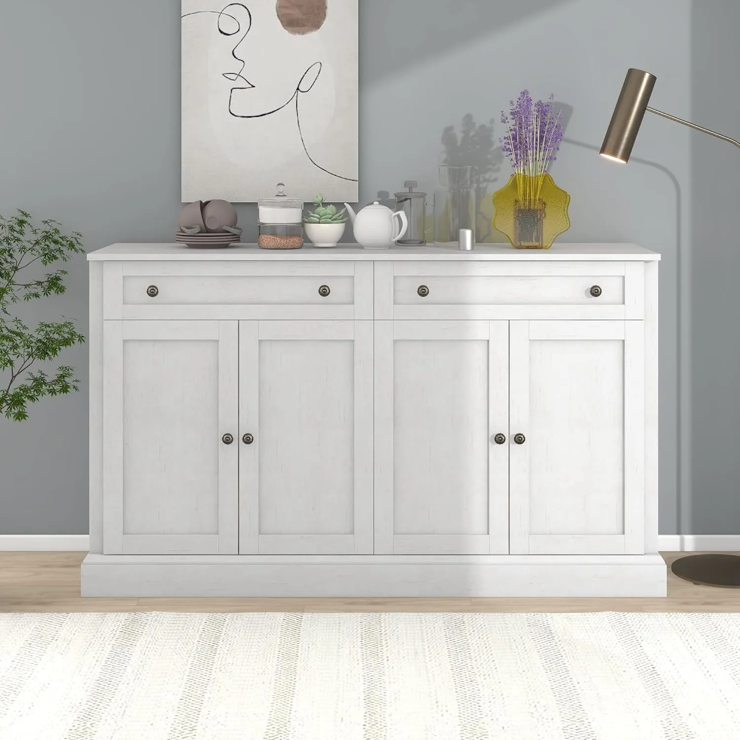 NicBex 58.3" Accent Storage Cabinet with 2 Drawers & 4 Doors Adjustable Shelves Free Standing Modern Kitchen Sideboard Storage Buffet Cabinet for Living Room, Kitchen, Office,Hallway,Antique White