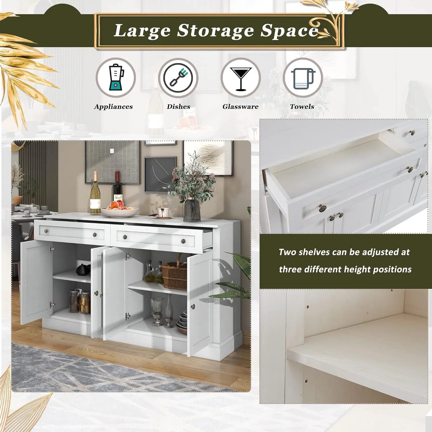 NicBex 58.3" Accent Storage Cabinet with 2 Drawers & 4 Doors Adjustable Shelves Free Standing Modern Kitchen Sideboard Storage Buffet Cabinet for Living Room, Kitchen, Office,Hallway,Antique White
