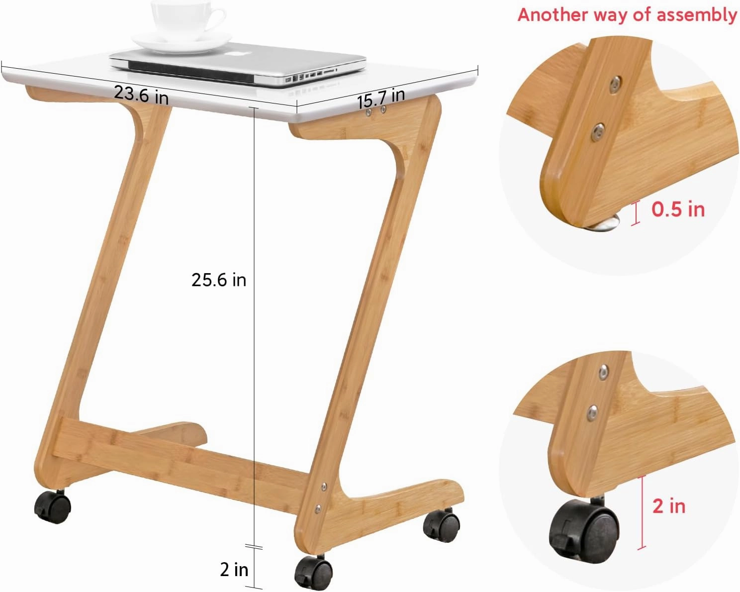 Nnewvante Sofa Side End Table with Wheels/Casters Couch TV Laptop Desk Snack Tray for Living Room Bedroom Small Spaces White Bamboo 23.5'' x 15.8''