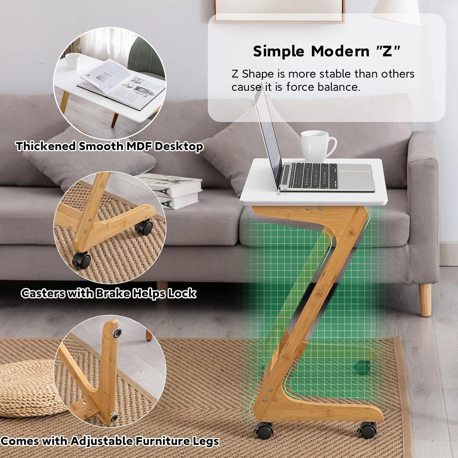 Nnewvante Sofa Side End Table with Wheels/Casters Couch TV Laptop Desk Snack Tray for Living Room Bedroom Small Spaces White Bamboo 23.5'' x 15.8''