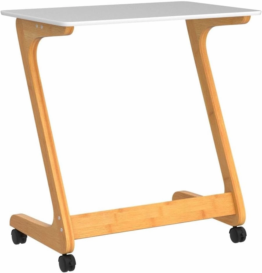 Nnewvante Sofa Side End Table with Wheels/Casters Couch TV Laptop Desk Snack Tray for Living Room Bedroom Small Spaces White Bamboo 23.5'' x 15.8''