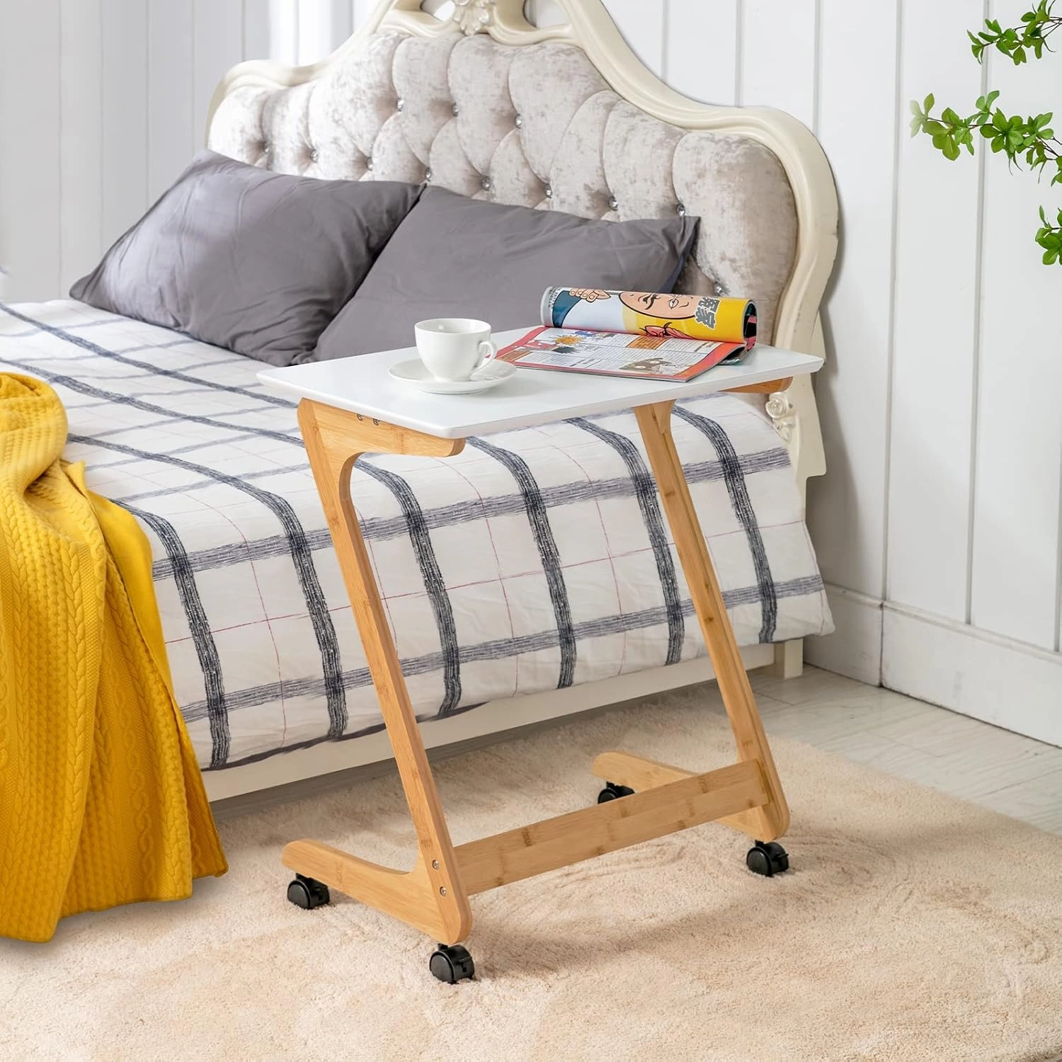 Nnewvante Sofa Side End Table with Wheels/Casters Couch TV Laptop Desk Snack Tray for Living Room Bedroom Small Spaces White Bamboo 23.5'' x 15.8''