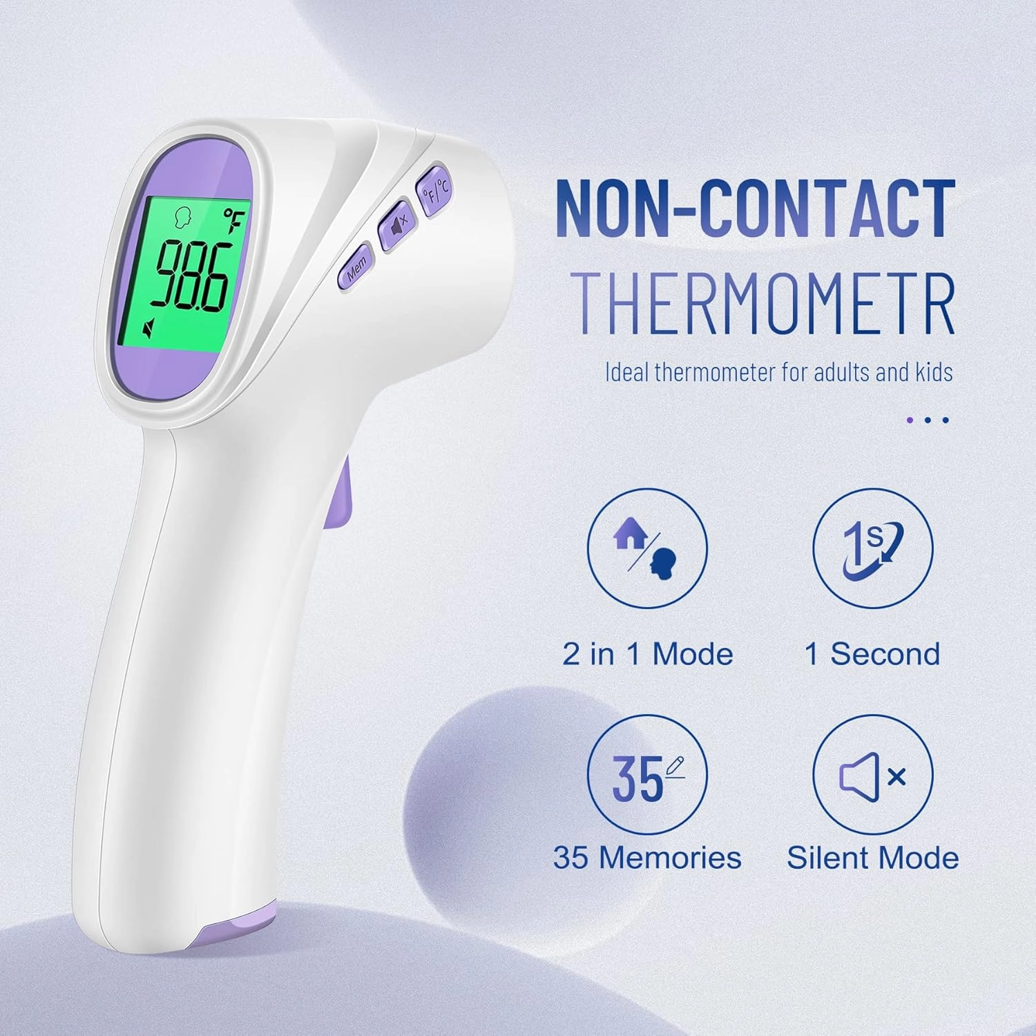 No-Touch Thermometer for Adults and Kids, Digital Thermometer with Fever Alarm, Fast Accurate Results, Easy for All Ages, FSA Eligible (Purple)