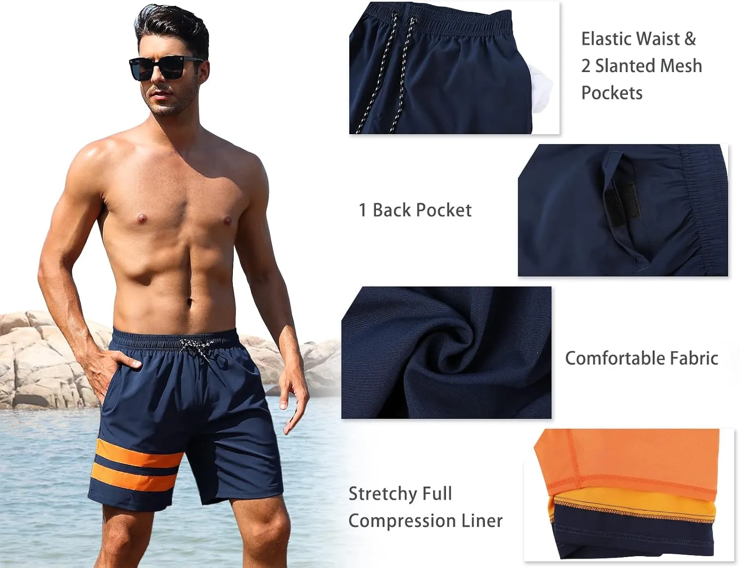 Nonwe Mens Swim Trunks with Compression Liner Quick Dry Summer Board Shorts Swimwear