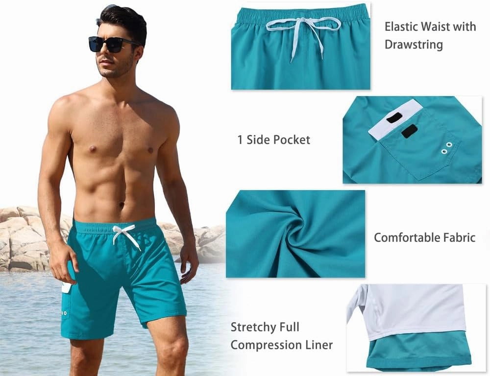 Nonwe Men's Swim Trunks with Compression Liner Quick Dry Water Sport Surf Beach Shorts with Pocket