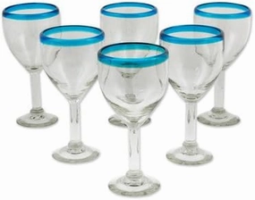 NOVICA Artisan Handblown Glass Wine Glasses Clear with Aqua Rim 8 Oz Set of 6 Blue Mexico Tableware Drinkware Recycled Eco Friendly [ 7.75in H x 3.7in Diam. 11 Oz.] ' Aquamarine Kiss' Set of 6