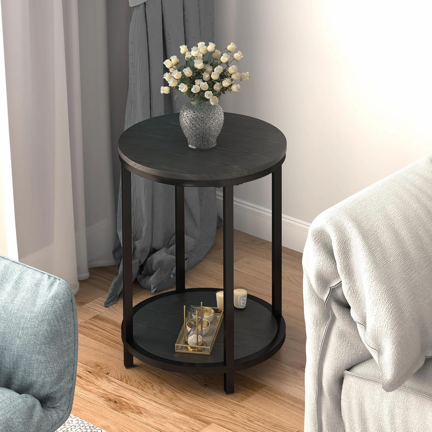 NSdirect Round Side Table Set of 2,16in Rustic Wooden End Table Surface Top & Sturdy Metal Legs Nightstand for Living Room Bedroom Farmhouse Sofa Table with Storage Open Shelf,Black