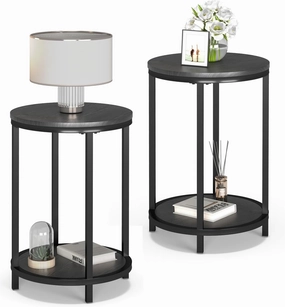 NSdirect Round Side Table Set of 2,16in Rustic Wooden End Table Surface Top & Sturdy Metal Legs Nightstand for Living Room Bedroom Farmhouse Sofa Table with Storage Open Shelf,Black