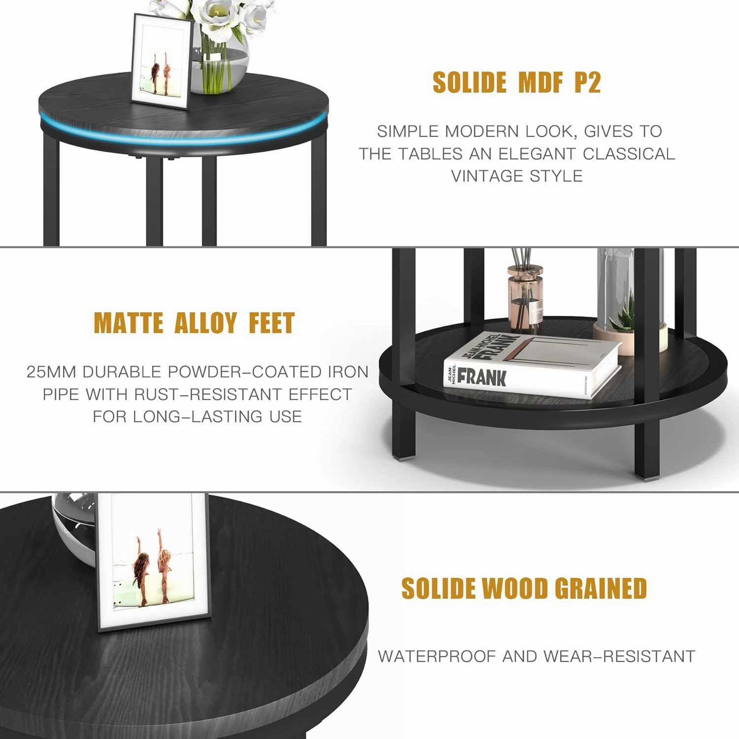 NSdirect Round Side Table Set of 2,16in Rustic Wooden End Table Surface Top & Sturdy Metal Legs Nightstand for Living Room Bedroom Farmhouse Sofa Table with Storage Open Shelf,Black