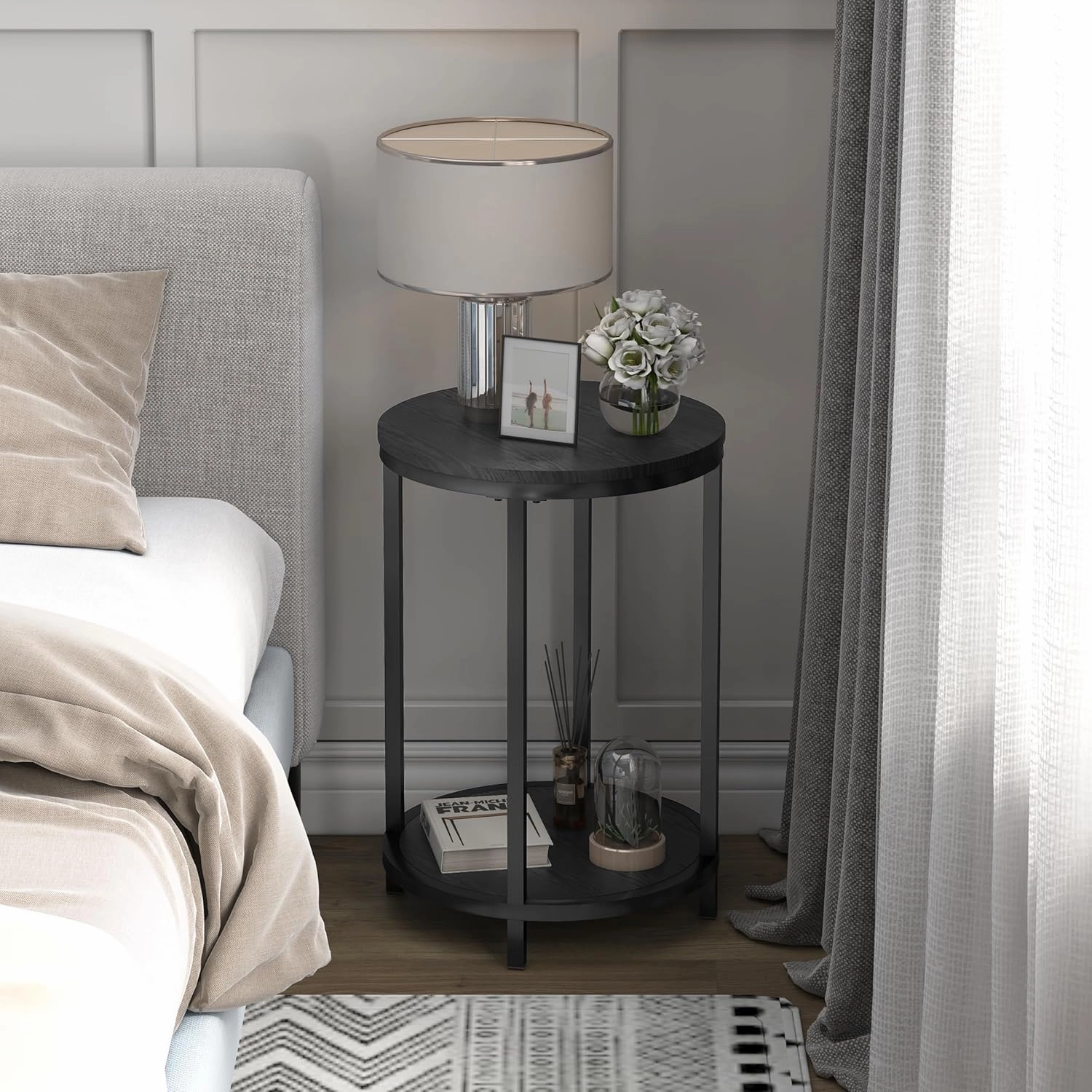 NSdirect Round Side Table Set of 2,16in Rustic Wooden End Table Surface Top & Sturdy Metal Legs Nightstand for Living Room Bedroom Farmhouse Sofa Table with Storage Open Shelf,Black