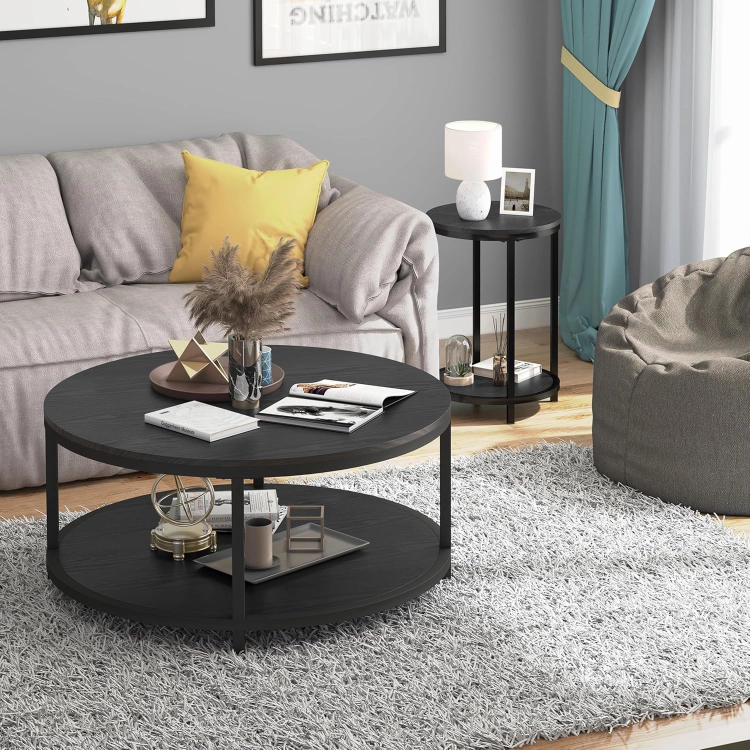 NSdirect Round Side Table Set of 2,16in Rustic Wooden End Table Surface Top & Sturdy Metal Legs Nightstand for Living Room Bedroom Farmhouse Sofa Table with Storage Open Shelf,Black