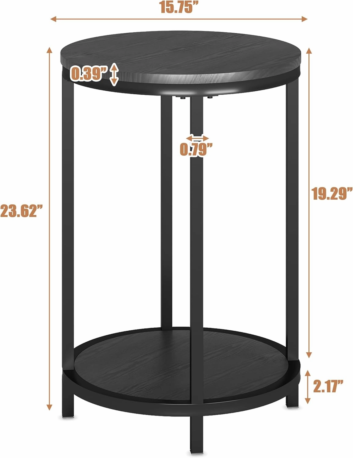 NSdirect Round Side Table Set of 2,16in Rustic Wooden End Table Surface Top & Sturdy Metal Legs Nightstand for Living Room Bedroom Farmhouse Sofa Table with Storage Open Shelf,Black