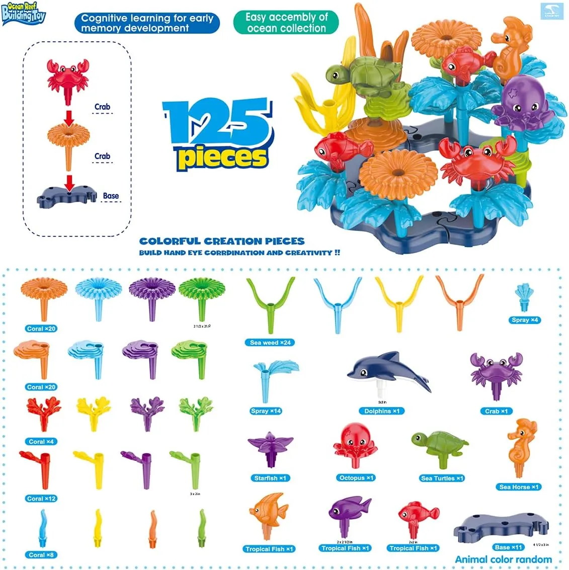 Ocean Reef 125 pcs Building Toy Set for Toddlers and Kids Age 3, 4, 5, 6 Year Old Boys and Girls Stacking Reef Garden Building Toy STEM (125 pcs)