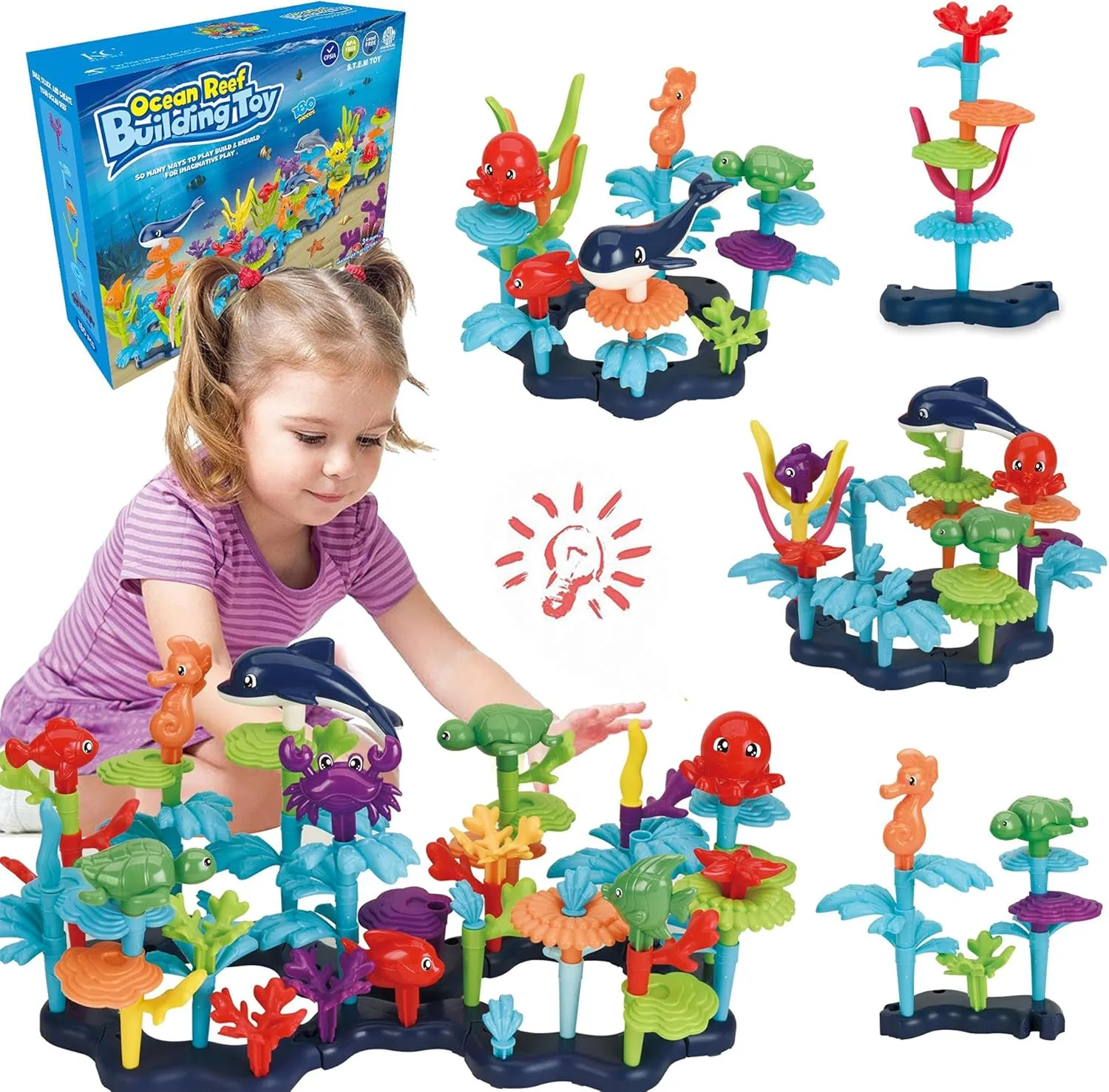 Ocean Reef 125 pcs Building Toy Set for Toddlers and Kids Age 3, 4, 5, 6 Year Old Boys and Girls Stacking Reef Garden Building Toy STEM (125 pcs)