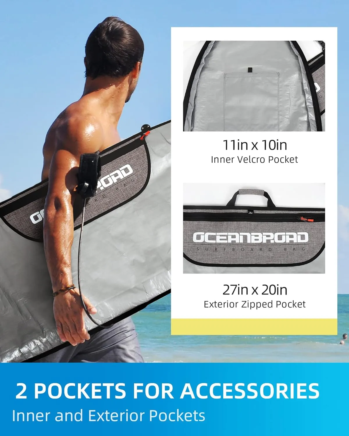 OCEANBROAD Surfboard Longboard Bag Day Bag Board Cover 5'0, 5'6, 6'0, 6'6, 7'0, 7'6, 8'0, 8'6, 9'0, 9'6, 10'0