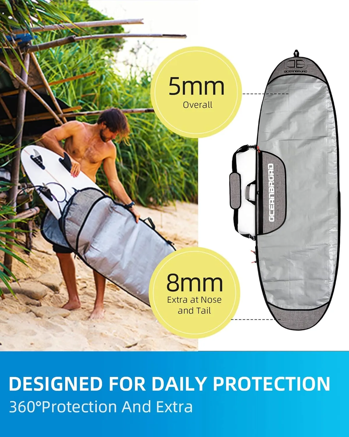OCEANBROAD Surfboard Longboard Bag Day Bag Board Cover 5'0, 5'6, 6'0, 6'6, 7'0, 7'6, 8'0, 8'6, 9'0, 9'6, 10'0