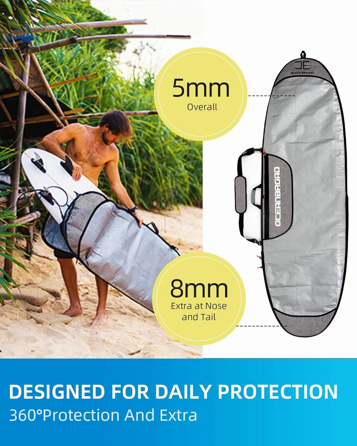 OCEANBROAD Surfboard Longboard Bag Day Bag Board Cover 5'0, 5'6, 6'0, 6'6, 7'0, 7'6, 8'0, 8'6, 9'0, 9'6, 10'0