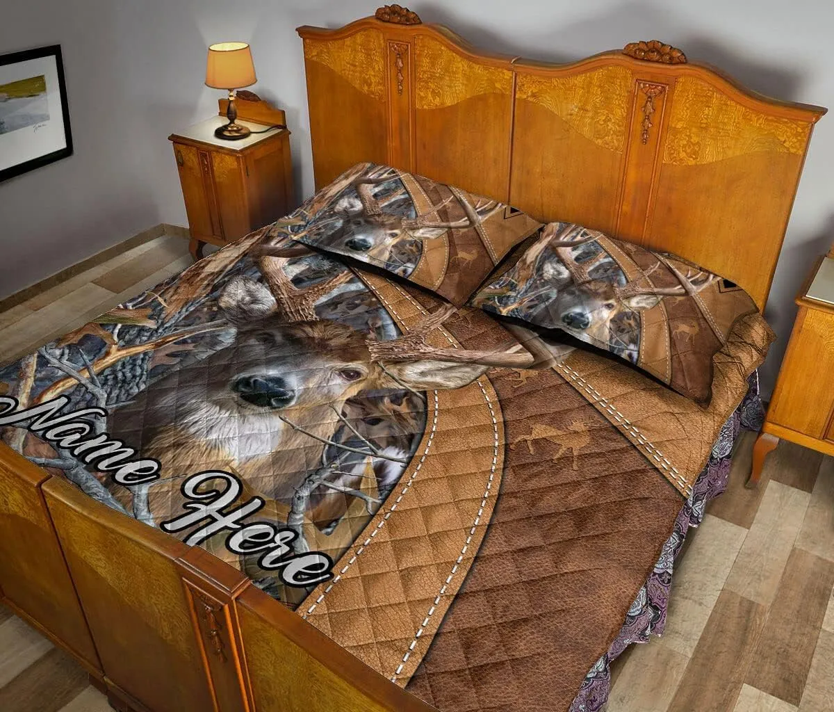 OhaPrints Custom Deer Hunting Brown Floral Gift for Deer Hunting Lovers Personalized Name Quilt Blanket & Pillowcases, Bedding Set & Pillow Cover, King Queen Double Twin Throw Full Size Bedspread Bed