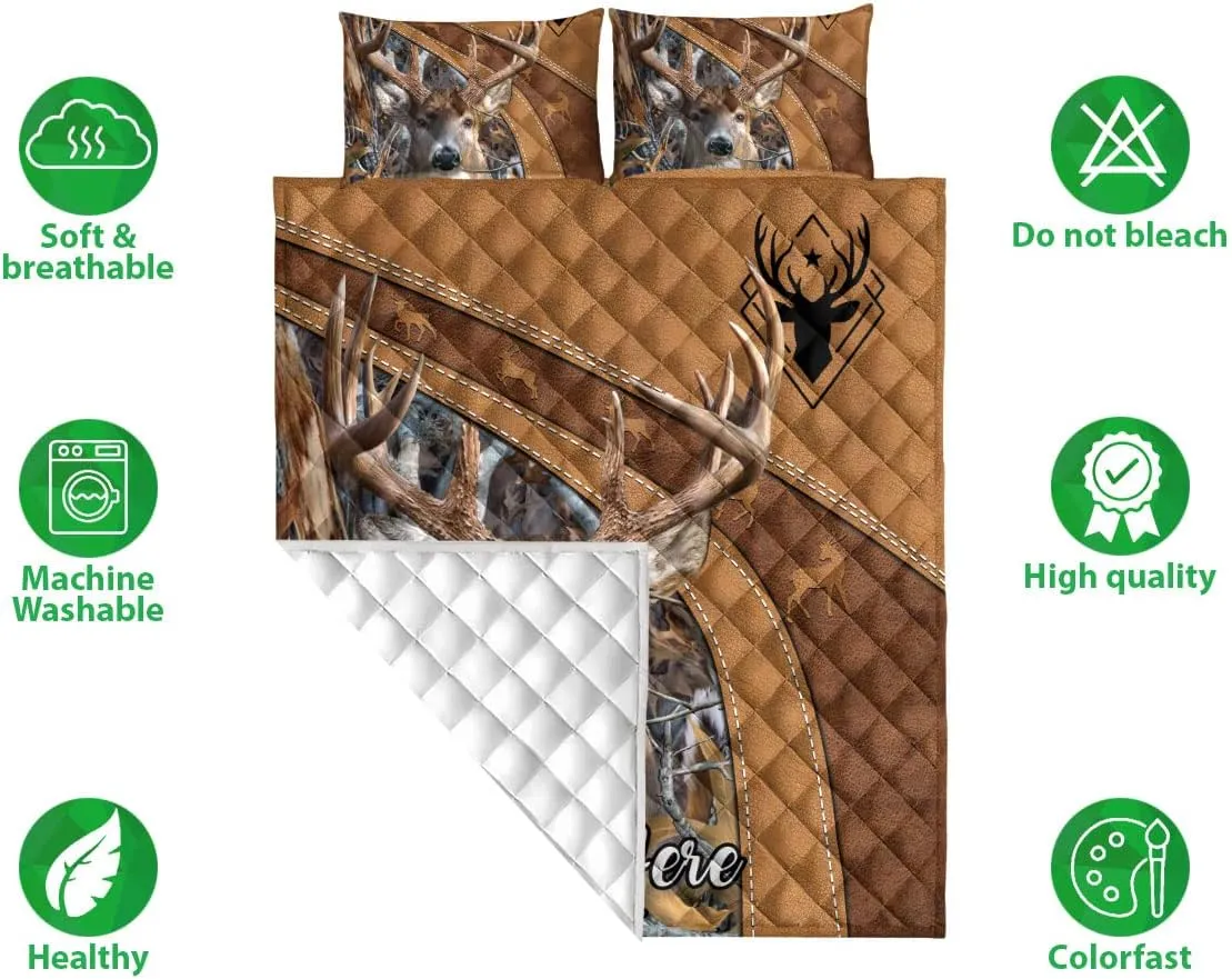OhaPrints Custom Deer Hunting Brown Floral Gift for Deer Hunting Lovers Personalized Name Quilt Blanket & Pillowcases, Bedding Set & Pillow Cover, King Queen Double Twin Throw Full Size Bedspread Bed