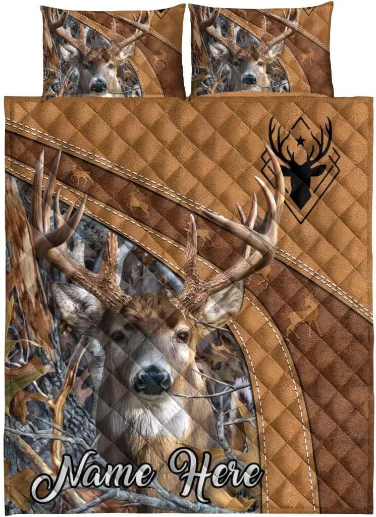 OhaPrints Custom Deer Hunting Brown Floral Gift for Deer Hunting Lovers Personalized Name Quilt Blanket & Pillowcases, Bedding Set & Pillow Cover, King Queen Double Twin Throw Full Size Bedspread Bed