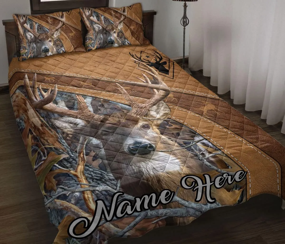 OhaPrints Custom Deer Hunting Brown Floral Gift for Deer Hunting Lovers Personalized Name Quilt Blanket & Pillowcases, Bedding Set & Pillow Cover, King Queen Double Twin Throw Full Size Bedspread Bed