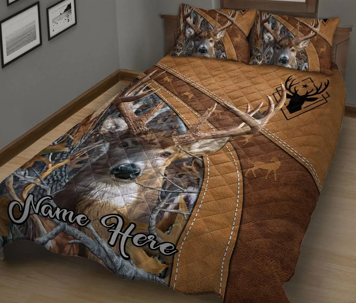 OhaPrints Custom Deer Hunting Brown Floral Gift for Deer Hunting Lovers Personalized Name Quilt Blanket & Pillowcases, Bedding Set & Pillow Cover, King Queen Double Twin Throw Full Size Bedspread Bed